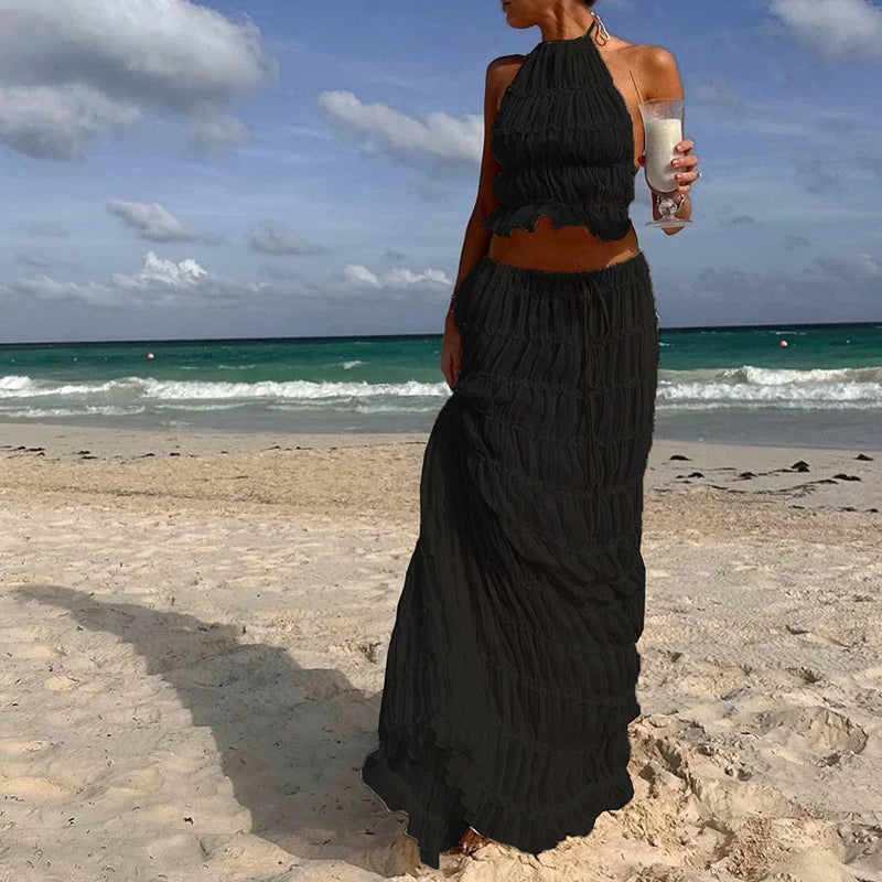 Boho Backless Halter Top & Maxi Skirt Set