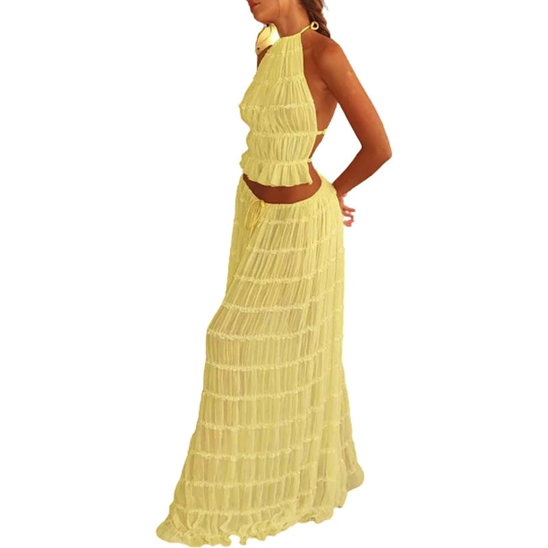 Boho Backless Halter Top & Maxi Skirt Set
