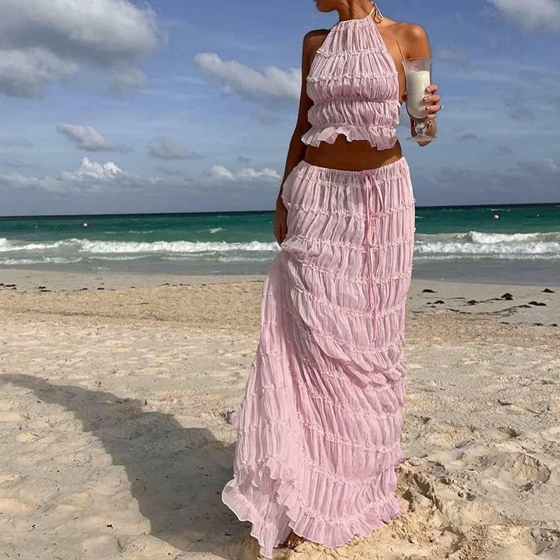 Boho Backless Halter Top & Maxi Skirt Set