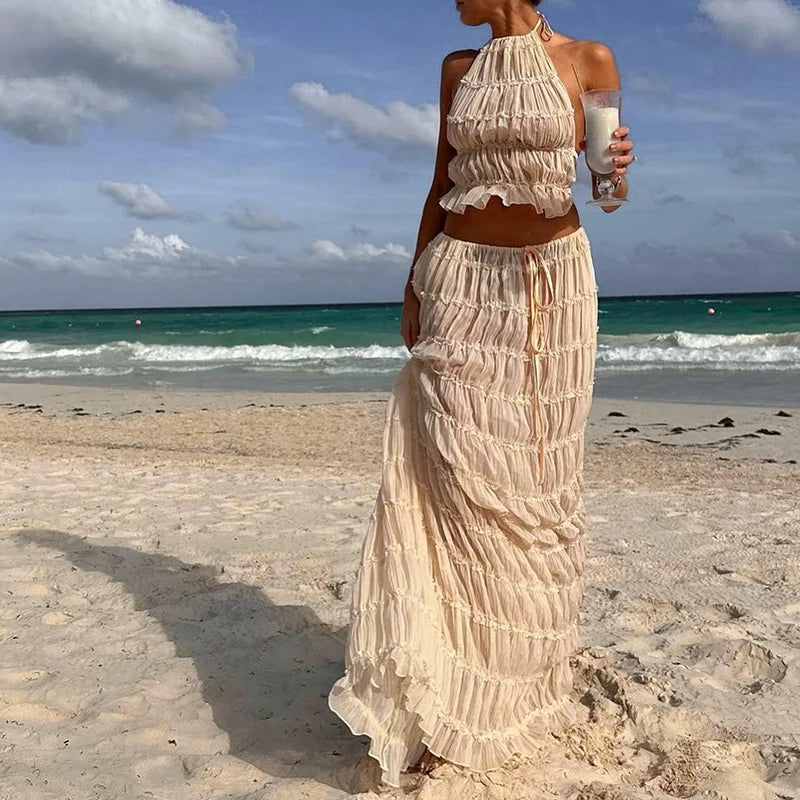 Boho Backless Halter Top & Maxi Skirt Set